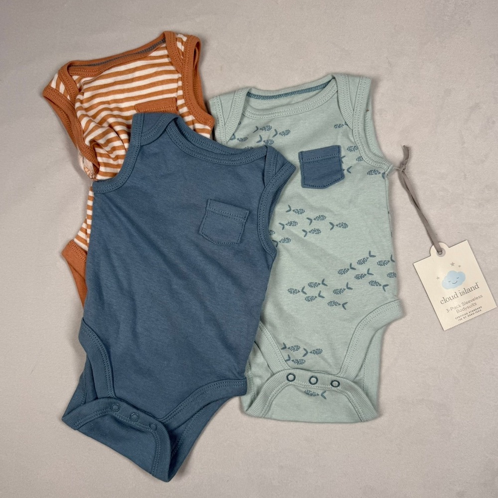 Cloud Island Bodysuits‎ Newborn Sleeveless 3 Pack Blue Fish Stripe Cotton NB-0M